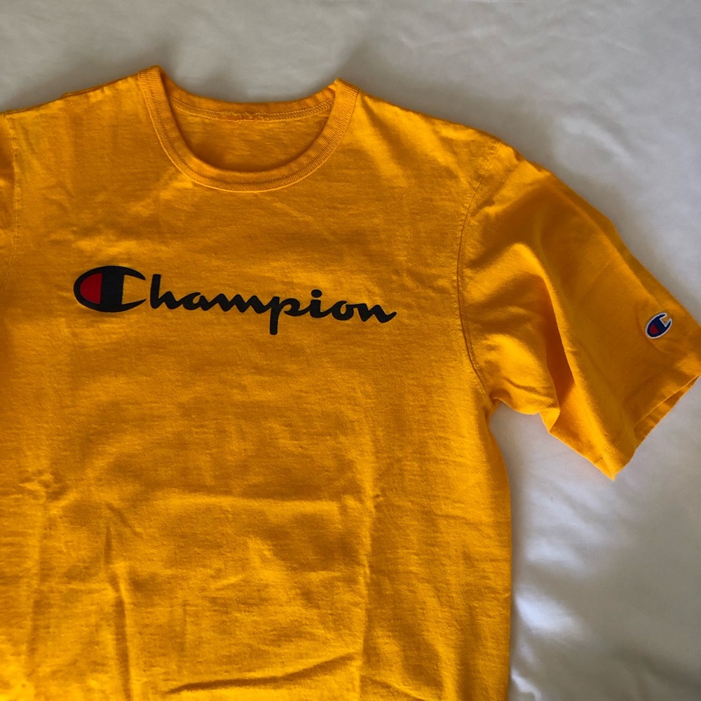 Men’s Yellow Champion Classic Script T-Shirt Size S